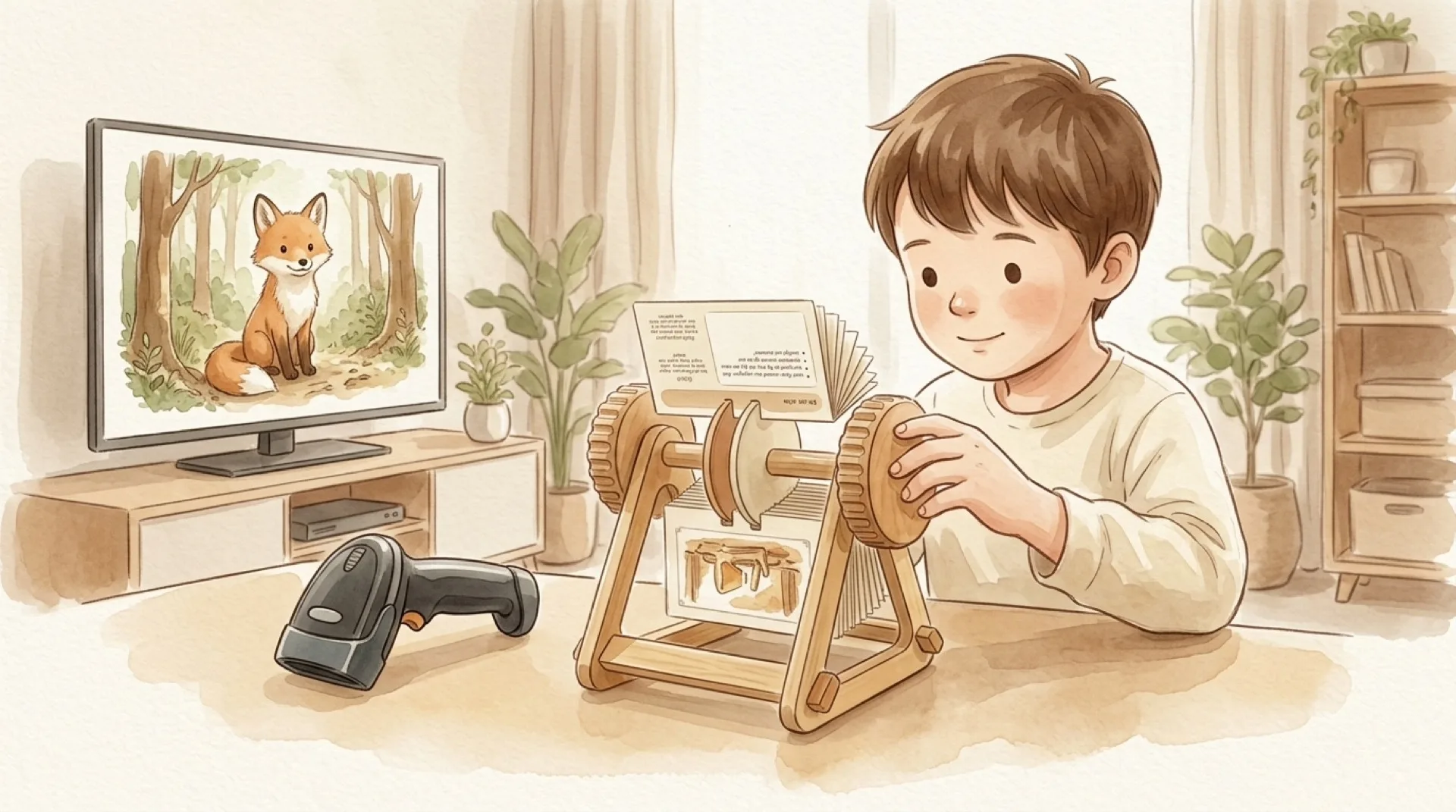 A child turning the wooden Charms Wheel to pick a card, with a watercolor playing on the TV