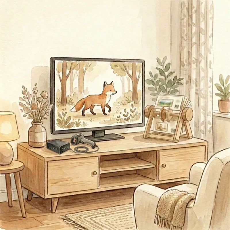 A cozy living room with the video playing on the TV, the Wheel and scanner on the console