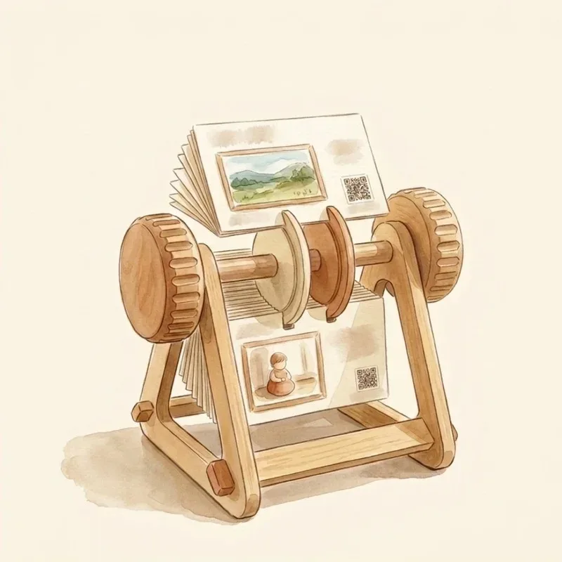 The wooden Charms Wheel filled with picture cards